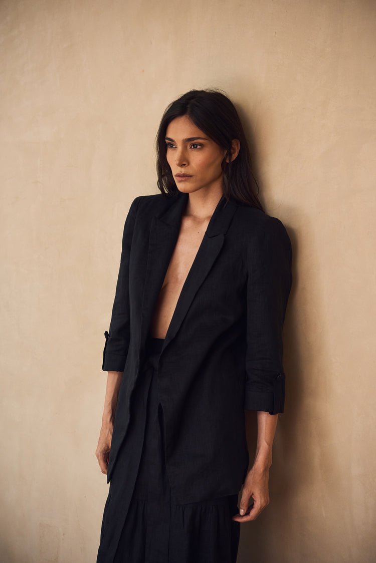 Camille Rio Black Linen Blazer Grandes descuentos