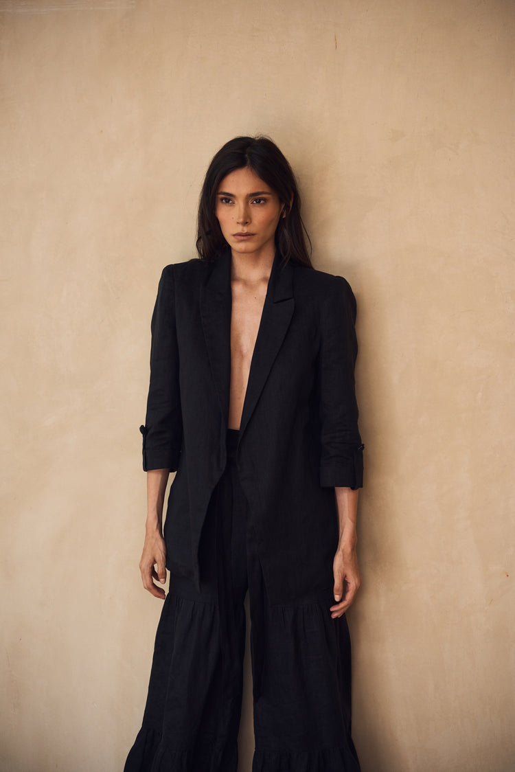 Camille Rio Black Linen Blazer Grandes descuentos