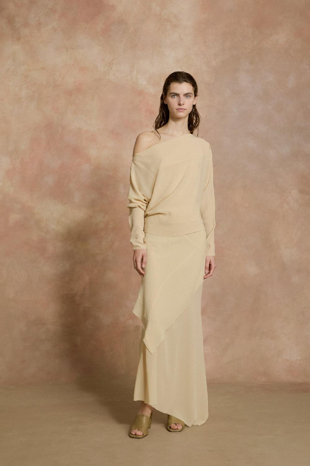 Cortana Dora falda larga en georgette de seda beige Promoción por tiempo limitado