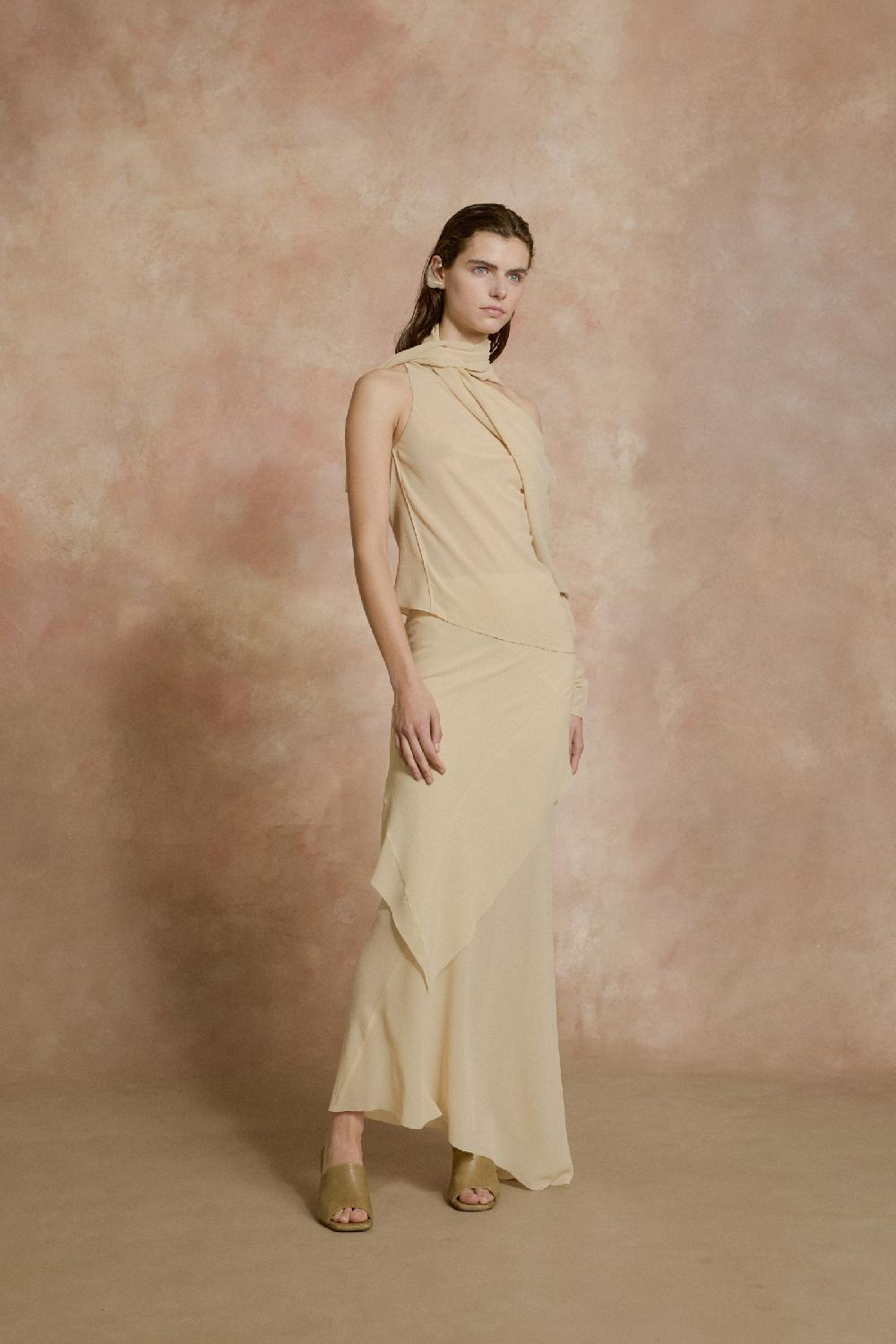 Cortana Dora falda larga en georgette de seda beige Promoción por tiempo limitado