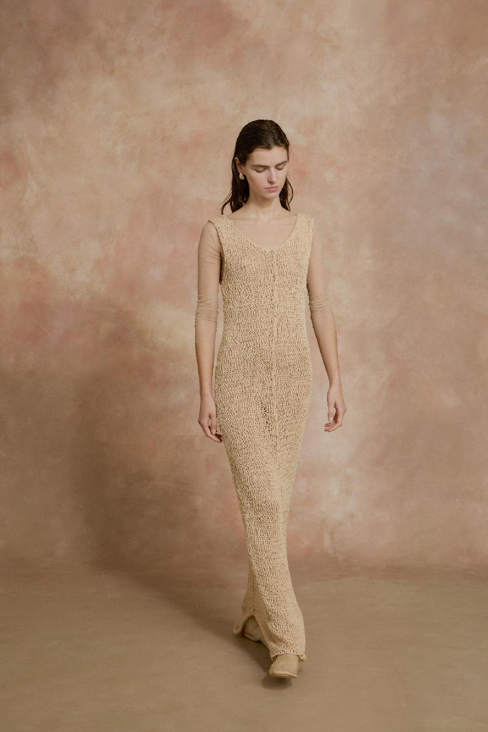 Cortana Hanami vestido largo de punto de algodon beige Libre de impuestos