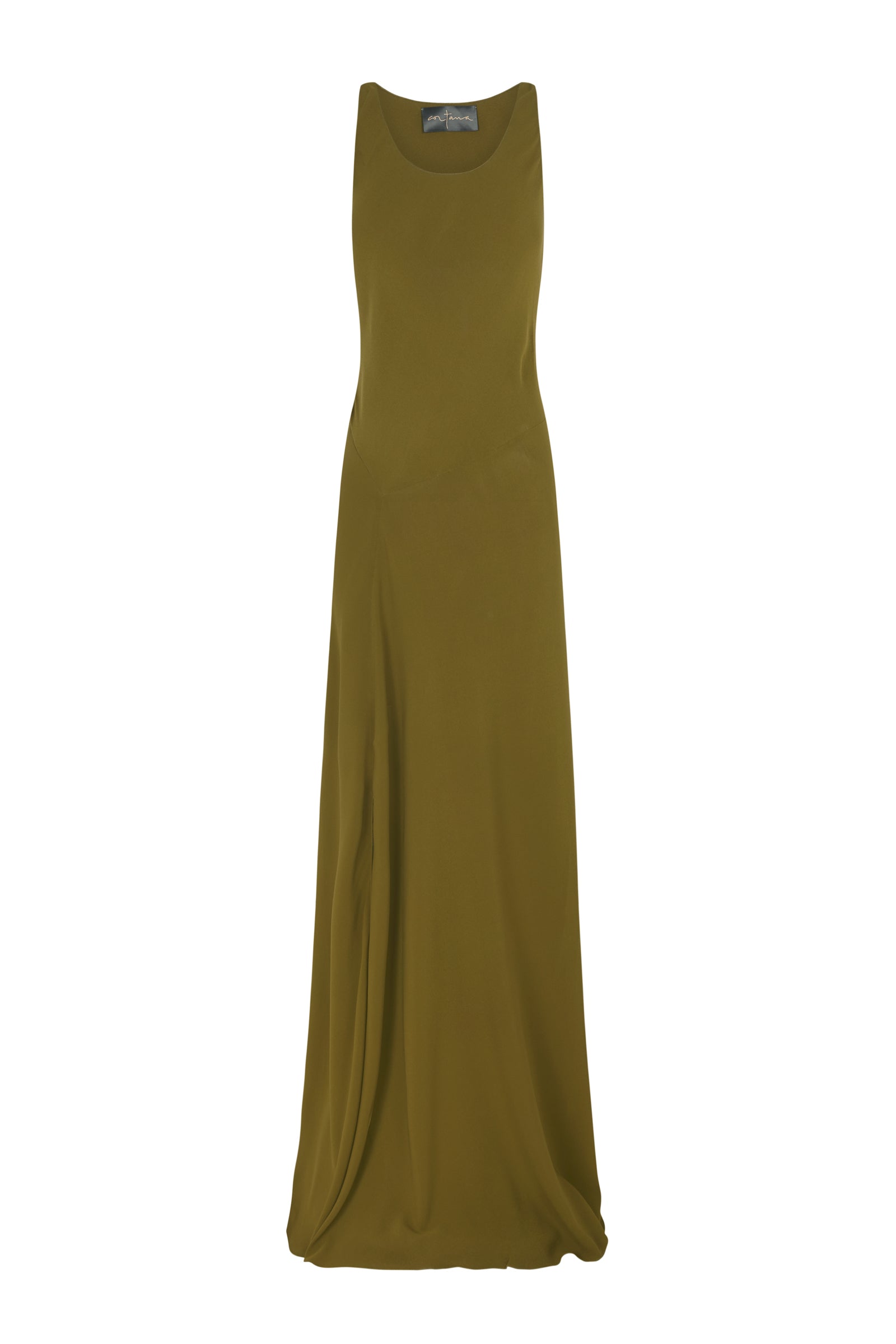 Cortana Georgia vestido largo en seda verde musgo