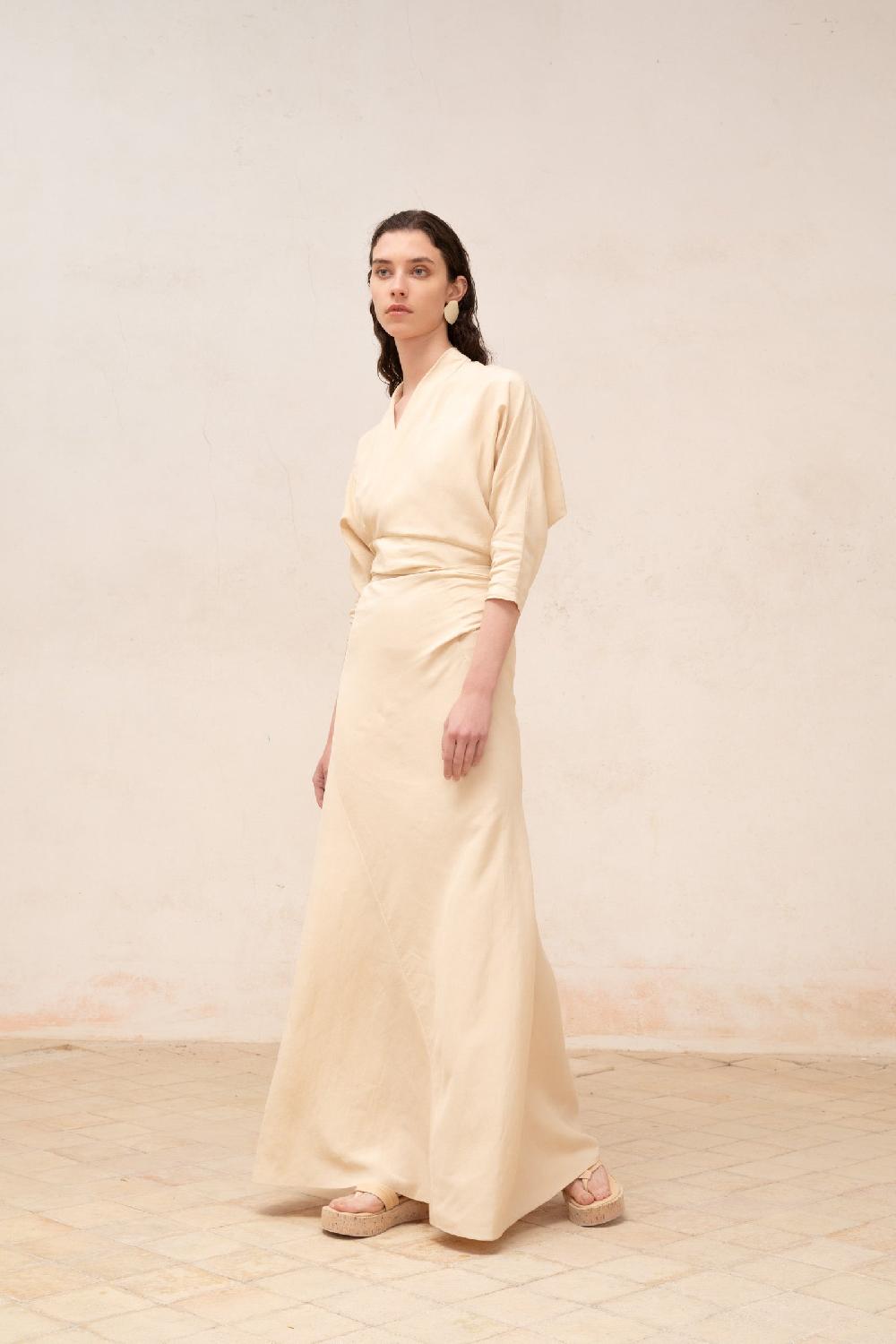 Cortana Amelia vestido largo en lino y seda beige Mejor oferta
