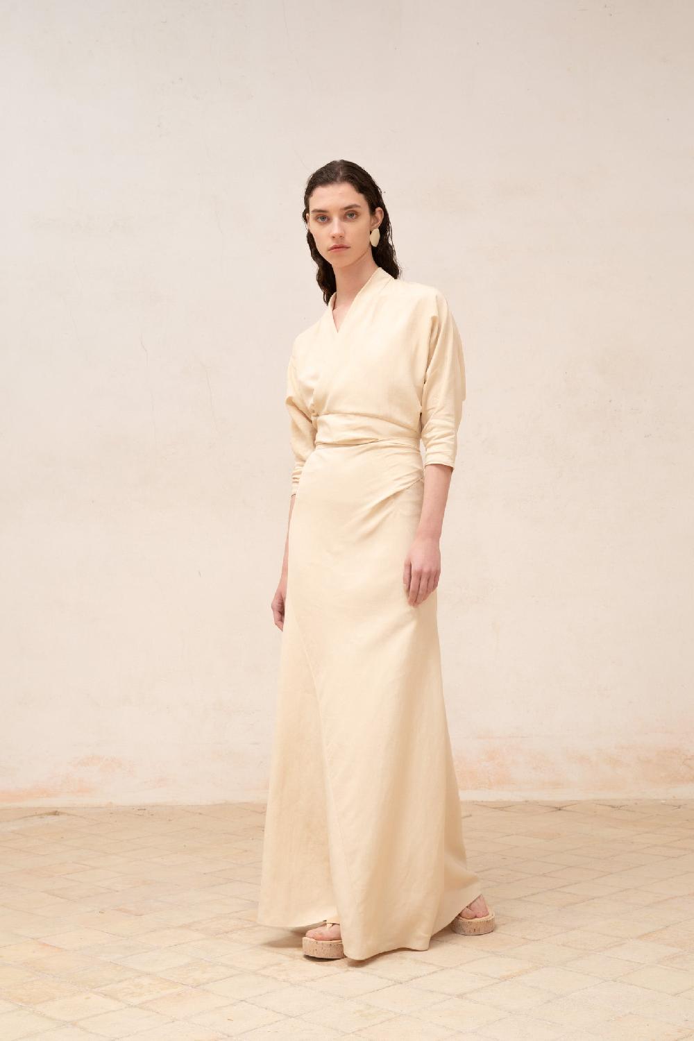 Cortana Amelia vestido largo en lino y seda beige Mejor oferta