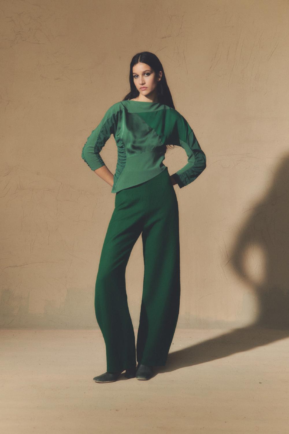 Cortana Viena pantalón en lino y lana virgen verde esmeralda Gran oferta