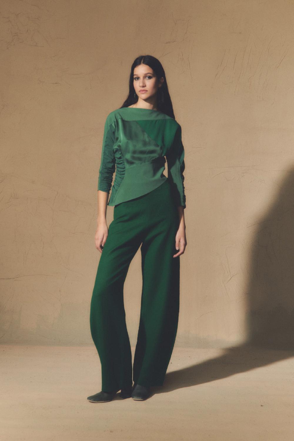 Cortana Viena pantalón en lino y lana virgen verde esmeralda Gran oferta