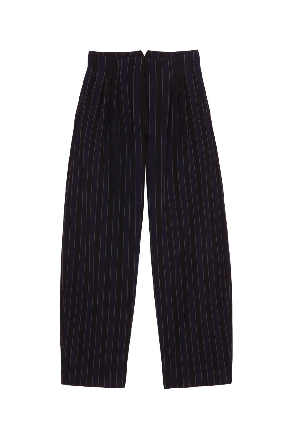 Cortana Marcel pantalon a rayas en lino y lana virgen azul