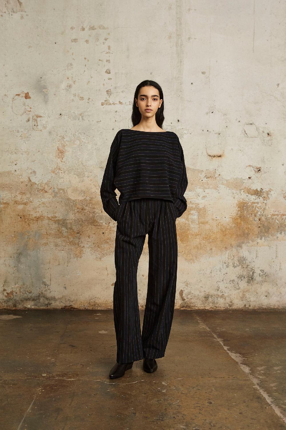 Cortana Marcel pantalon a rayas en lino y lana virgen azul Ventas relámpago