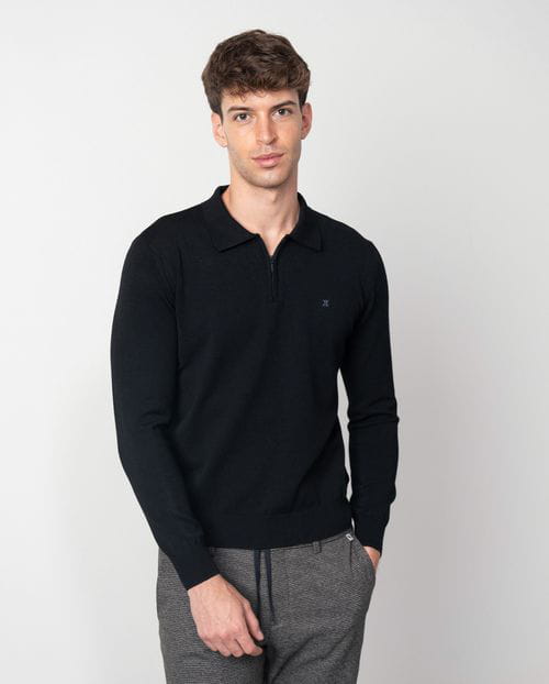 Etiem Polo con cremallera de punto liso tricotado en manga larga Precio de fábrica