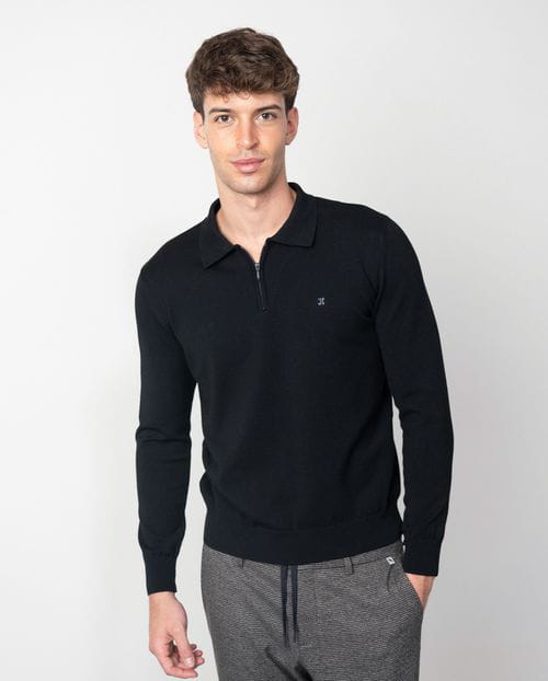 Etiem Polo con cremallera de punto liso tricotado en manga larga Precio de fábrica