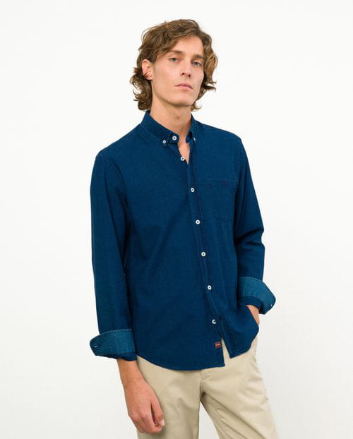 Etiem Camisa sport tejana slim fit en sarga denim azul delavada Mejor oferta