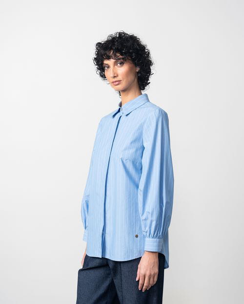 Etiem Camisa en popelín azul de rayas con manga abullonada Oferta especial de fábrica