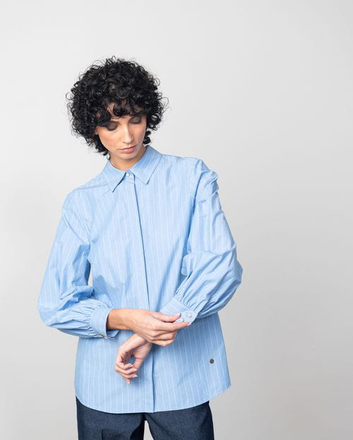 Etiem Camisa en popelín azul de rayas con manga abullonada Oferta especial de fábrica