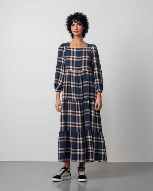 Etiem Vestido largo fruncido en lana-viscosa de cuadros Madrás Precios de Black Friday