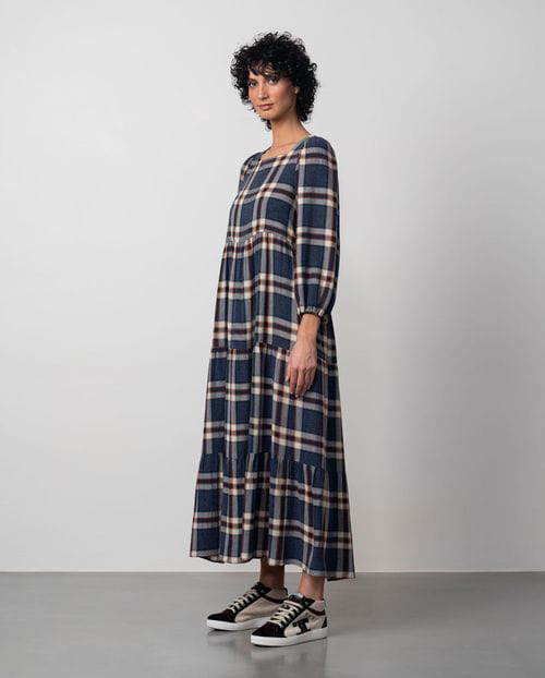 Etiem Vestido largo fruncido en lana-viscosa de cuadros Madrás Precios de Black Friday