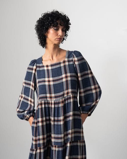 Etiem Vestido largo fruncido en lana-viscosa de cuadros Madrás Precios de Black Friday