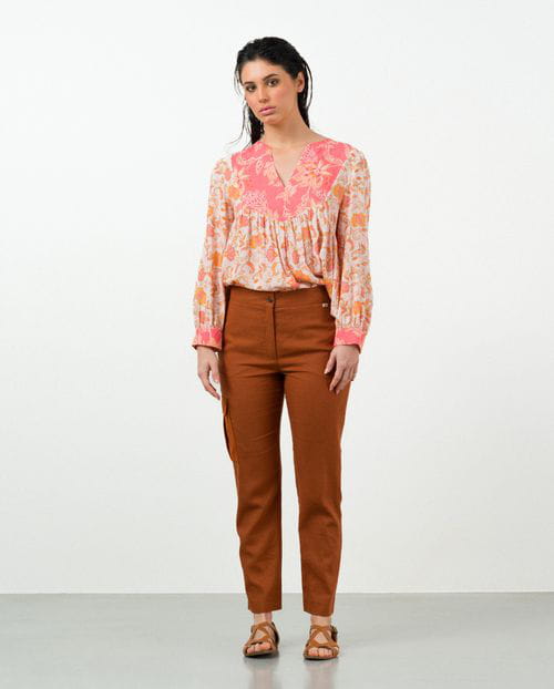 Etiem Pantalón estilo cargo de lino-viscosa con bolsillo de parche contrastado Mejor oferta