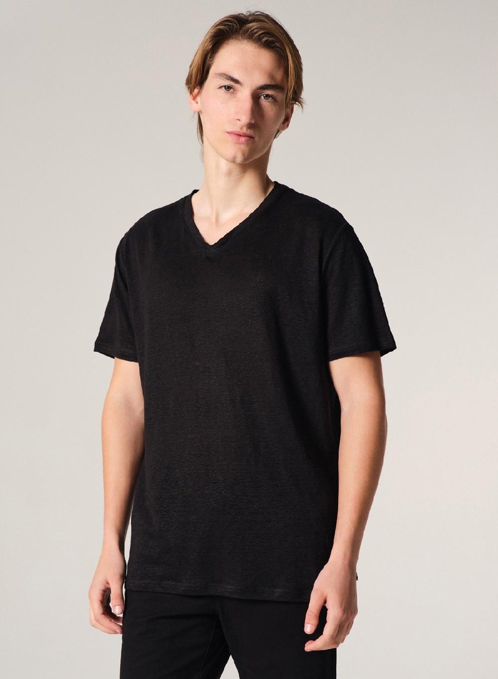 Etiqueta negra Remera Cuello V Manga Corta Lisa Lino Solo queda un día