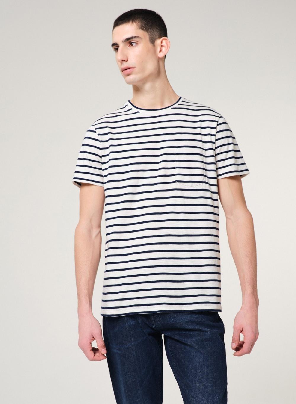 Etiqueta negra Remera cuello U rayas bolsillo manga corta Grandes descuentos