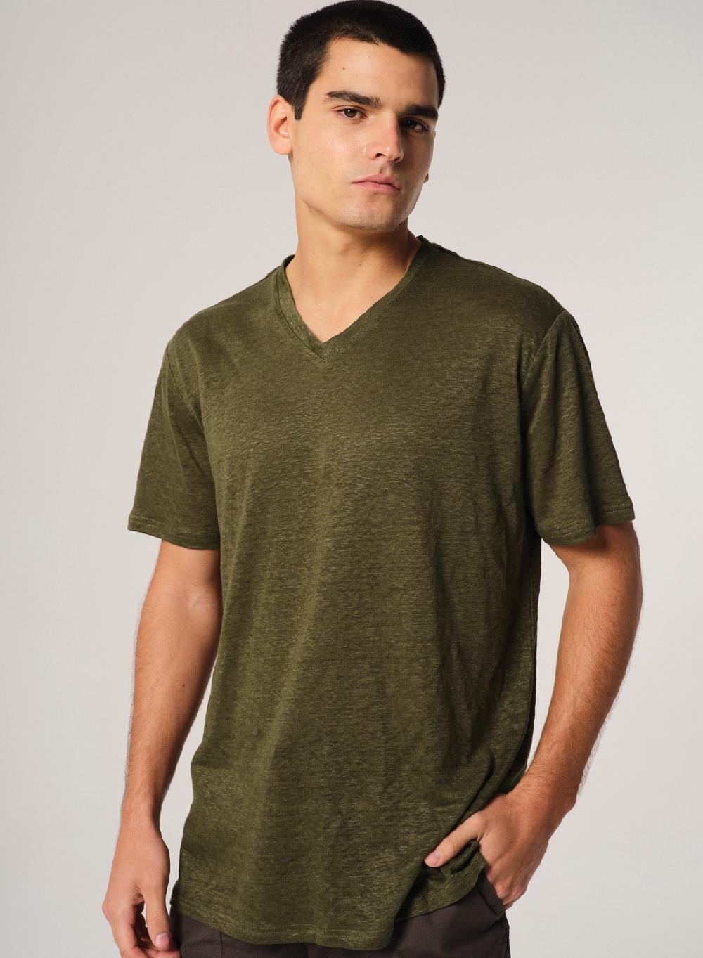 Etiqueta negra Remera Cuello V Manga Corta Lisa Lino Outlet