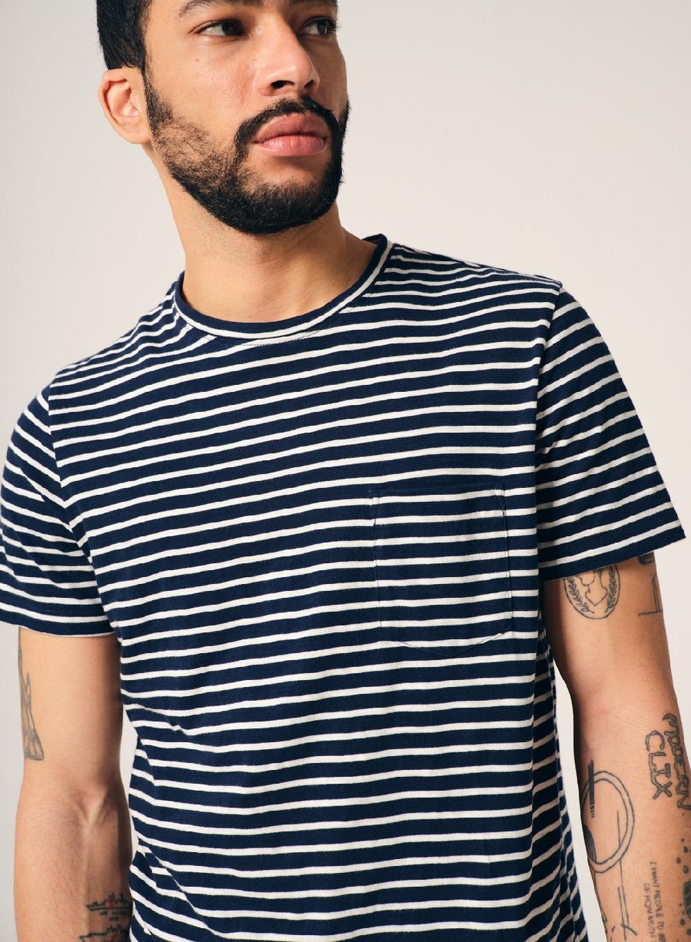 Etiqueta negra Remera cuello U rayas bolsillo manga corta Precio de fábrica