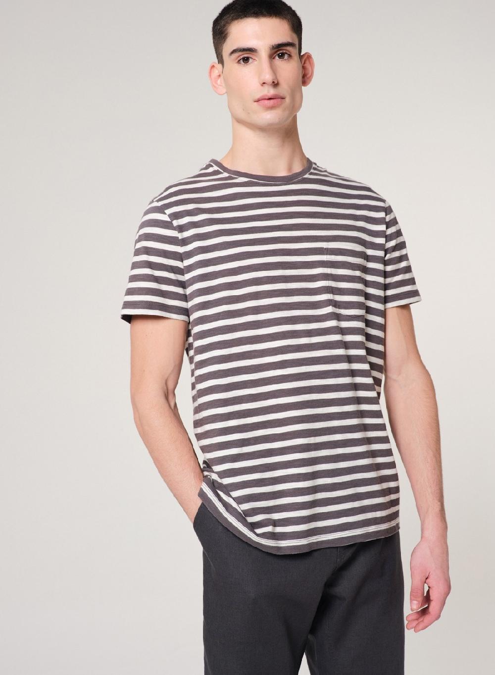 Etiqueta negra Remera cuello U rayas bolsillo manga corta Promoción por tiempo limitado