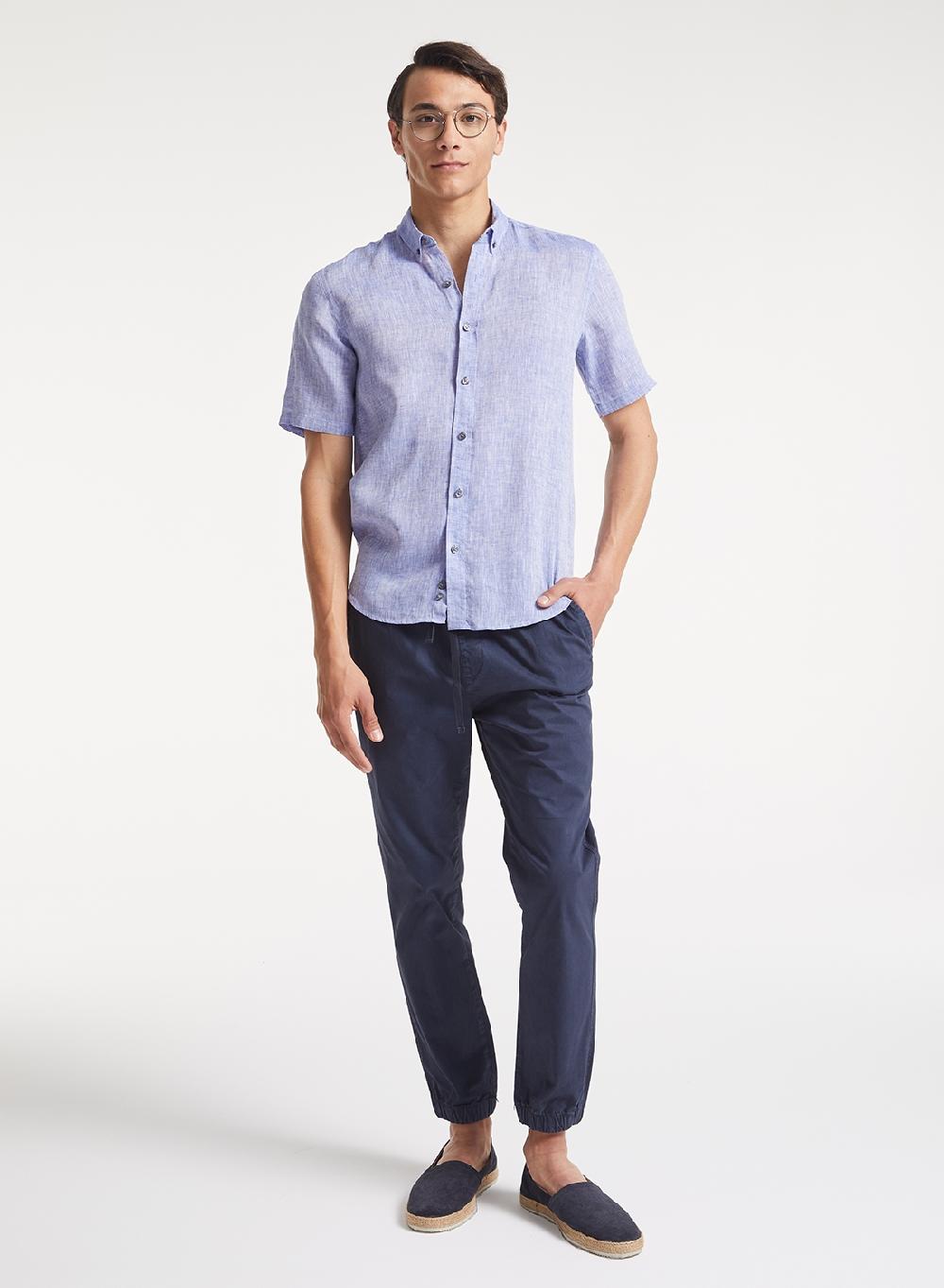 Etiqueta negra Camisa manga corta lino lavado button down Tienda de fábrica