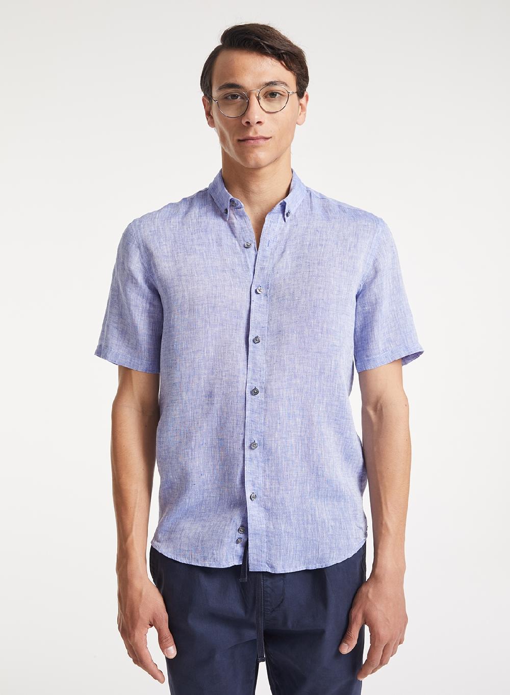 Etiqueta negra Camisa manga corta lino lavado button down Tienda de fábrica