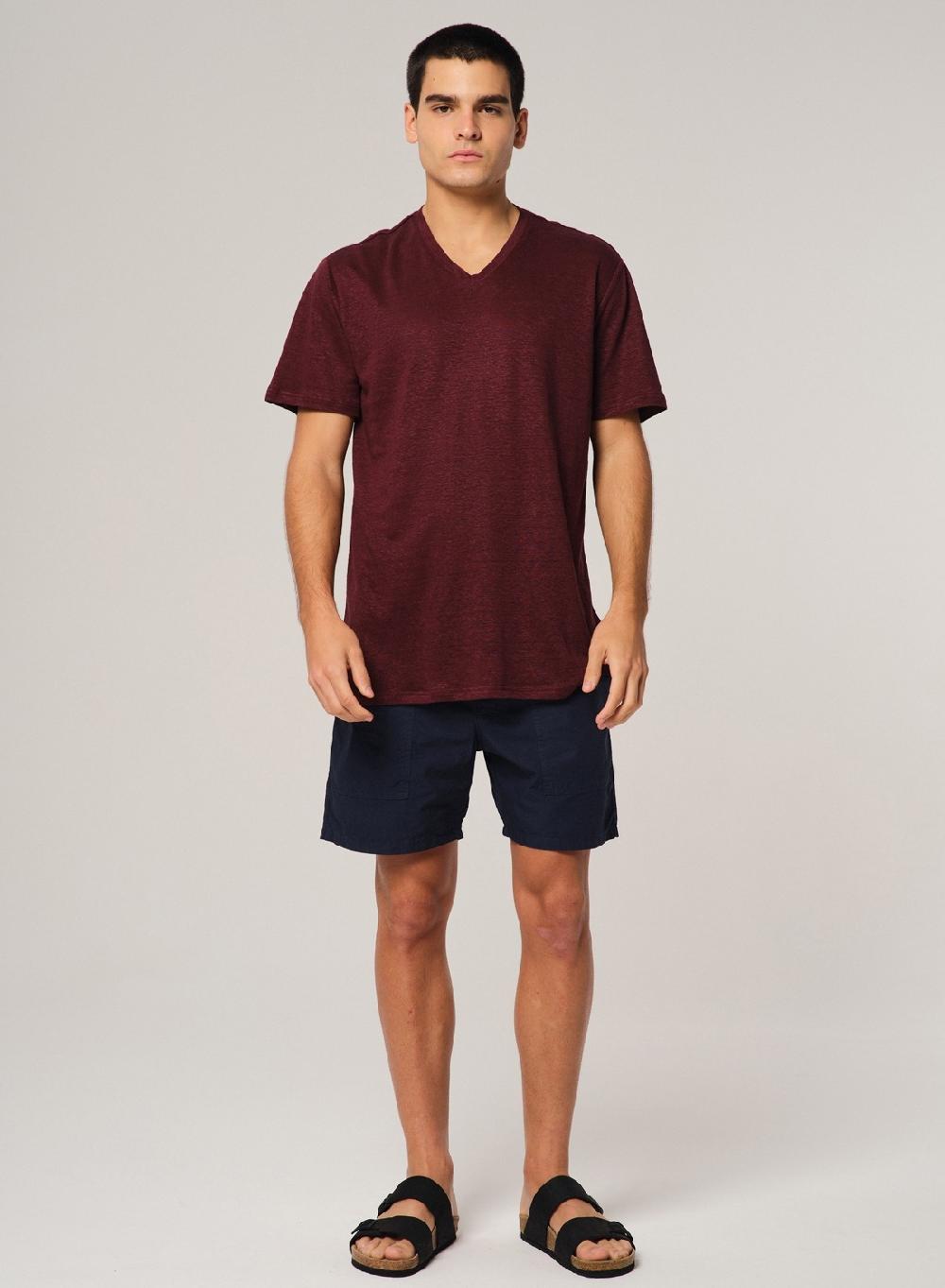 Etiqueta negra Remera Cuello V Manga Corta Lisa Lino Última moda