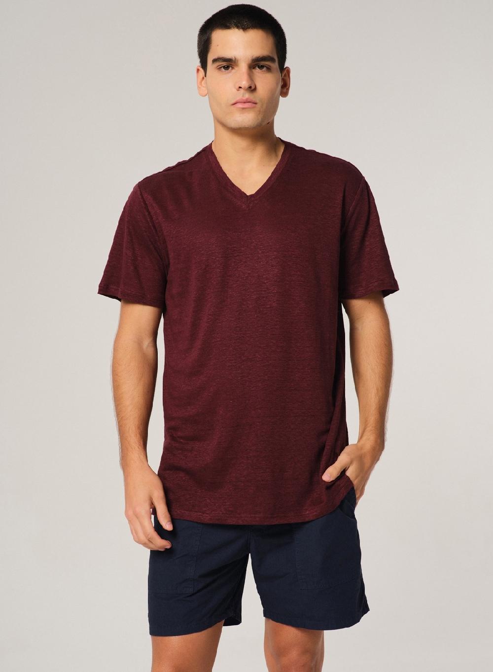 Etiqueta negra Remera Cuello V Manga Corta Lisa Lino Última moda