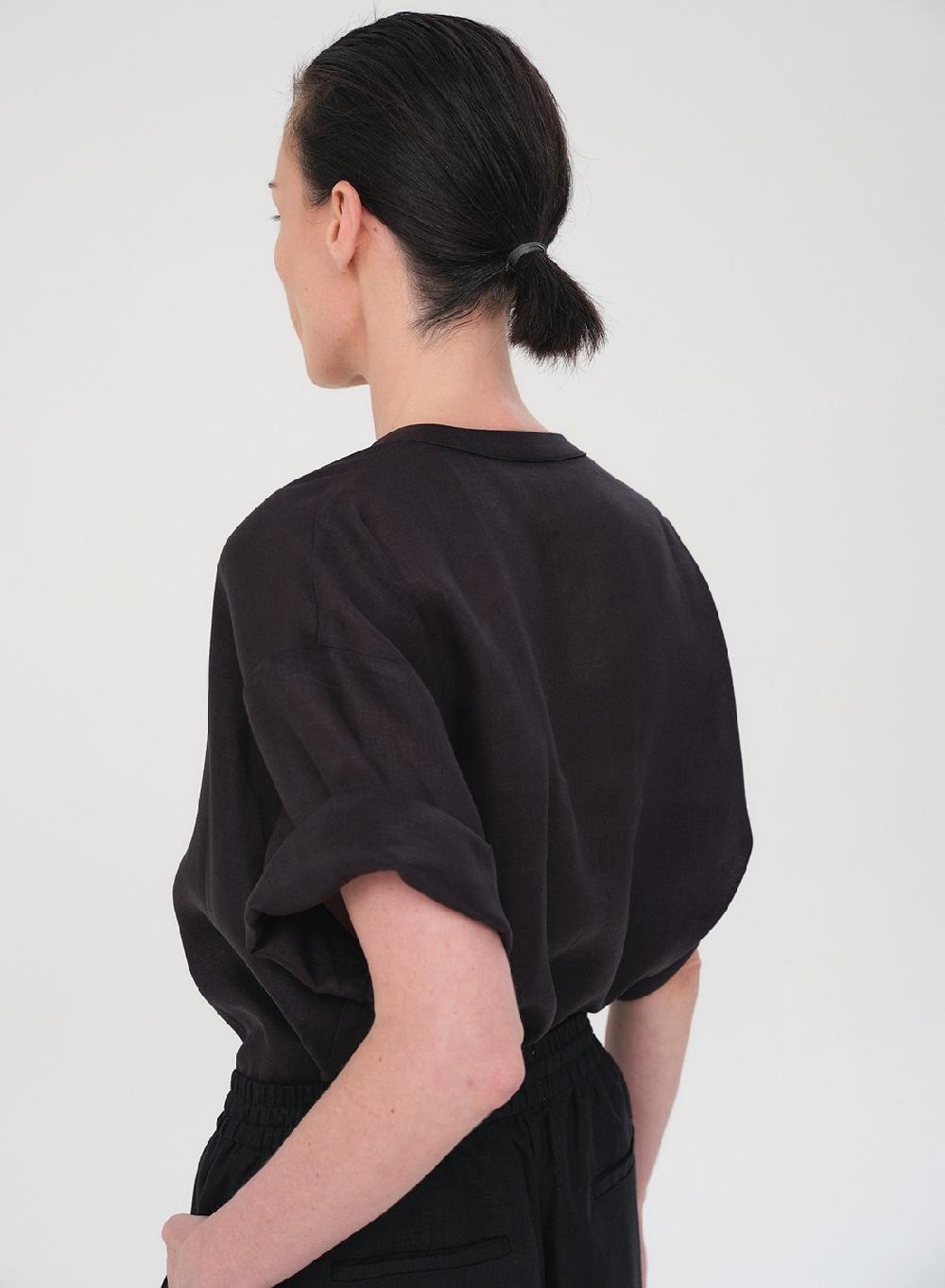 Etiqueta negra Camisa mao manga corta lino Rebajas baratas