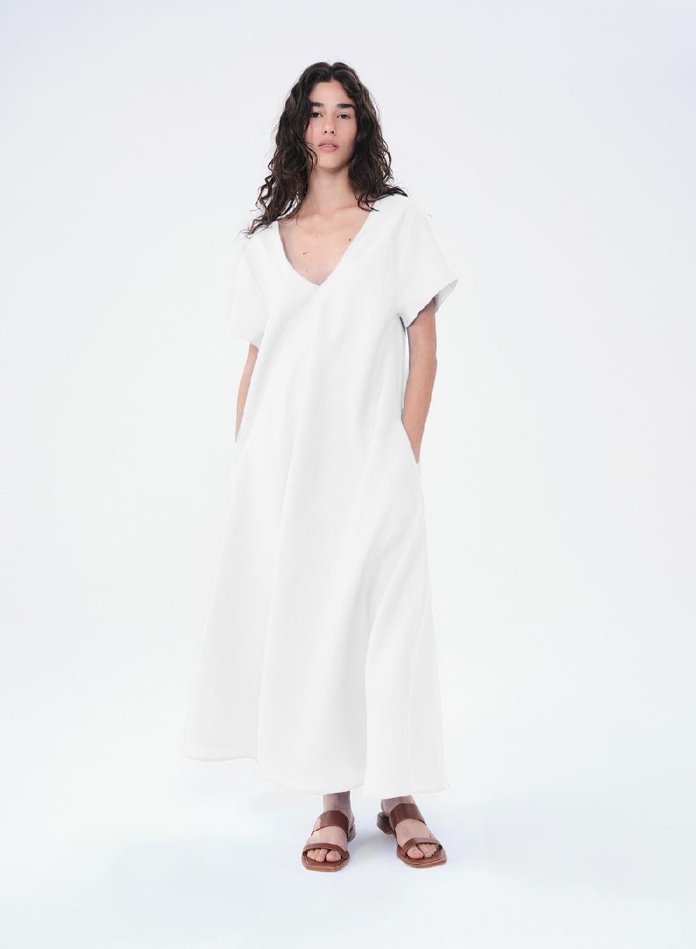 Etiqueta negra Vestido Manga Corta Largo Lino