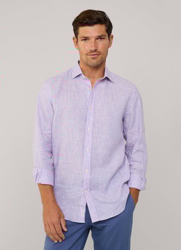 Façonnable camisa de lino rayas finas fit regular Grandes ahorros