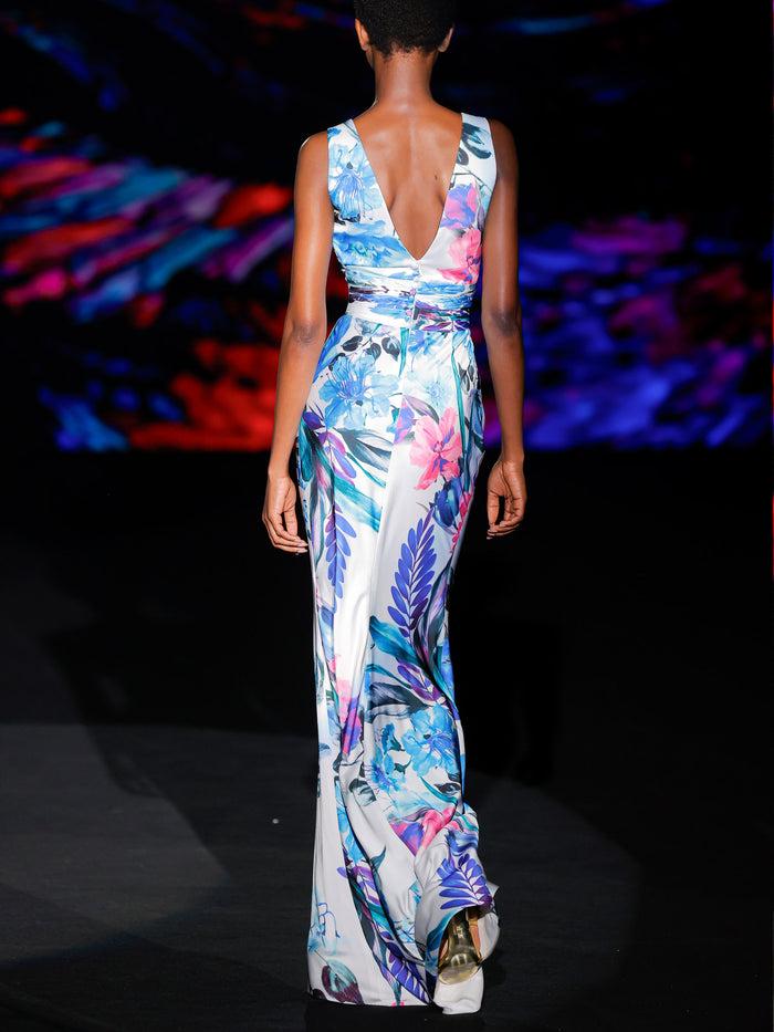 Hannibal laguna LOOK 3 Vestido KAILOA | Vestido de fiesta en raso y organza estampados con motivos florales escote en V y fajín drapeado Promoción por tiempo limitado