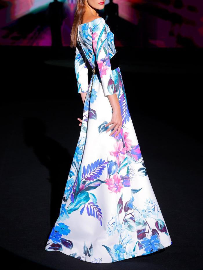 Hannibal laguna LOOK 4 Vestido KENSINGTON | Vestido de fiesta en raso estampado con escote barca y mangas 3/4 Solo hoy