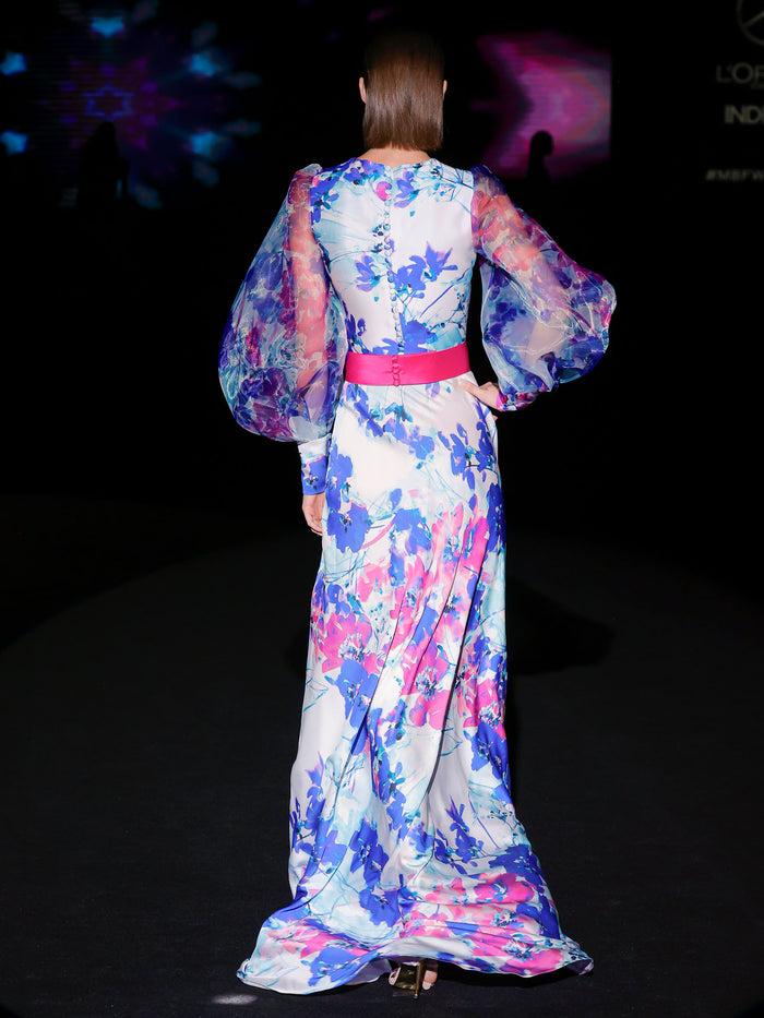 Hannibal laguna LOOK 5 Vestido KLEO | Vestido de fiesta en satín y organza estampados con escote en V y mangas XL abullonada Solo queda un día