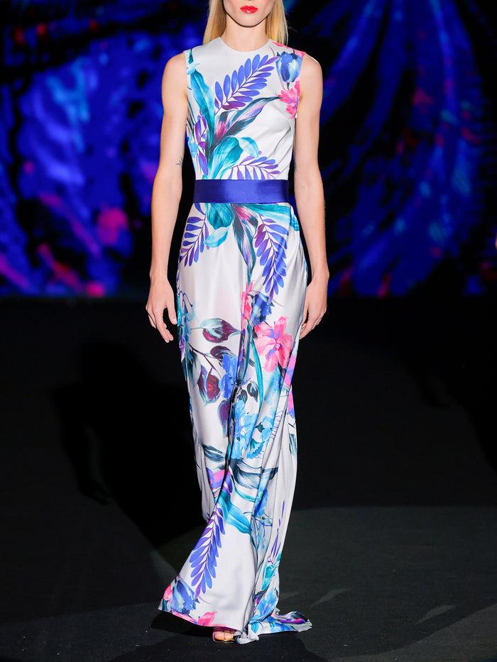 Hannibal laguna LOOK 2 Vestido KALADESI | Vestido de fiesta en satín estampado con escote a caja y falda larga fluida Superdescuento