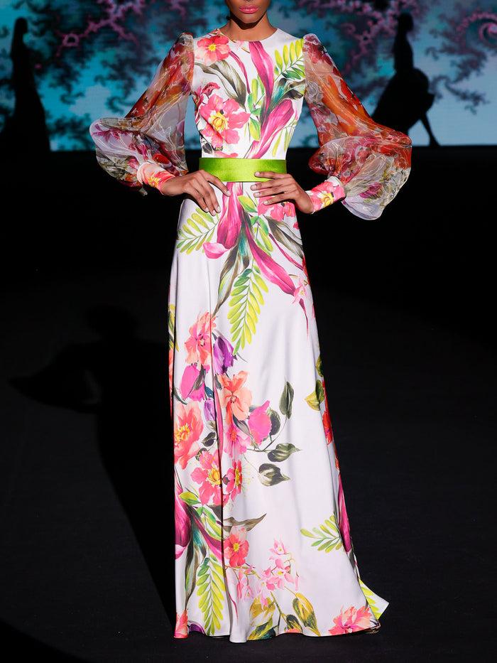 Hannibal laguna LOOK 16 Vestido KATINA | Vestido de fiesta en satín y organza estampadas con escote a caja Libre de impuestos