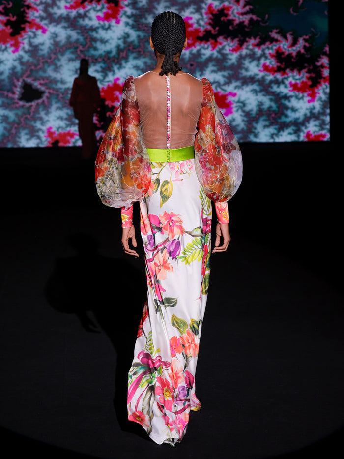 Hannibal laguna LOOK 16 Vestido KATINA | Vestido de fiesta en satín y organza estampadas con escote a caja Libre de impuestos