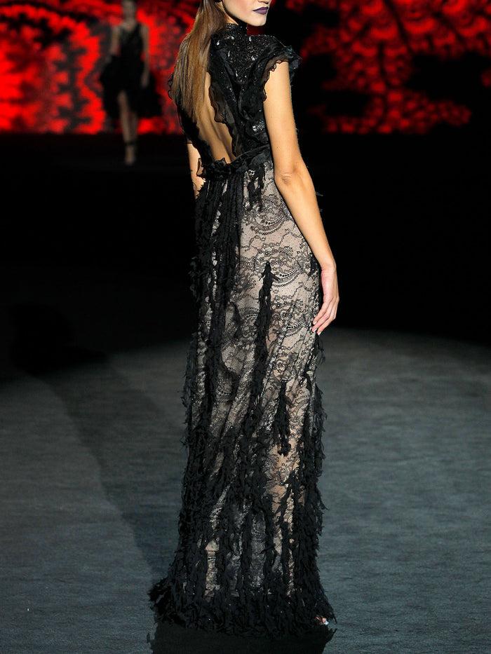 Hannibal laguna LOOK 17 HIROSAKI | Vestido en chantilly negro con malla bordada Rebajas baratas