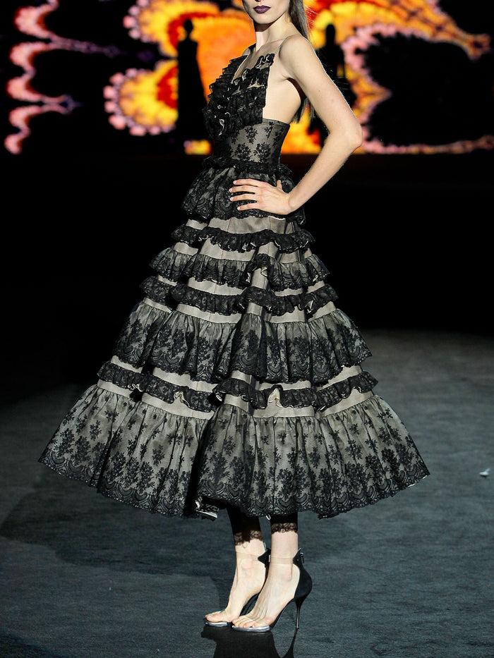 Hannibal laguna LOOK 19 HEVERLIS | Vestido volantes en chantilly negro Los más vendidos