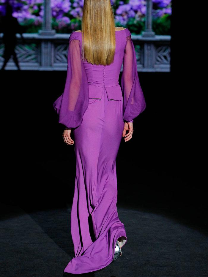 Hannibal laguna LOOK 8 GOLET | Vestido de fiesta en satín lavanda con falda sirena Ahorra y exporta