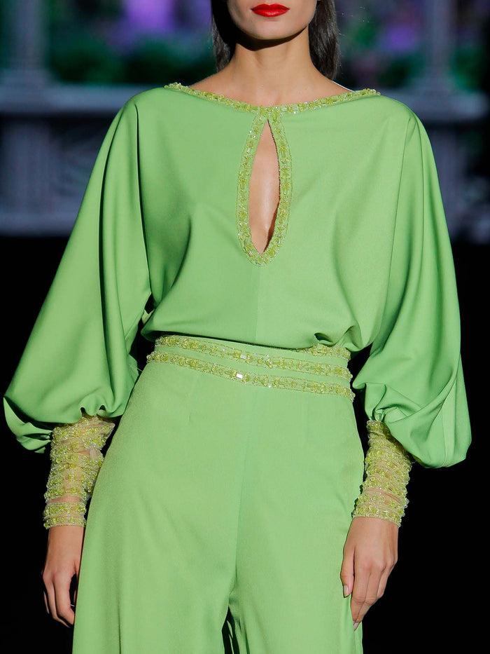 Hannibal laguna LOOK 10 GATSBY Y GEM | Blusa y Pantalon en satín color manzana En oferta