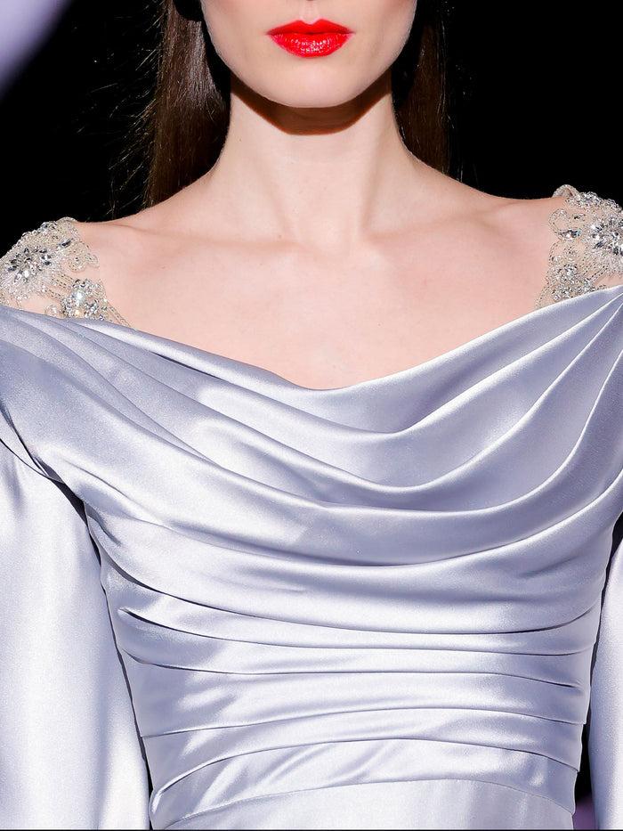 Hannibal laguna LOOK 19 Vestido JILBORO | Vestido de fiesta realizado en satin color gris perla con bordados de swarovski Rebajas online