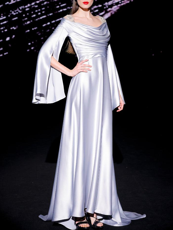 Hannibal laguna LOOK 19 Vestido JILBORO | Vestido de fiesta realizado en satin color gris perla con bordados de swarovski Rebajas online