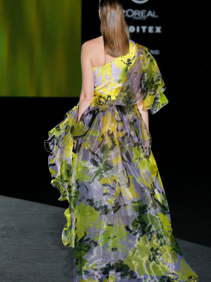 Hannibal laguna LOOK 5 FIORELLA | Vestido de fiesta asimétrico en organza estampada COMPRAR AHORA