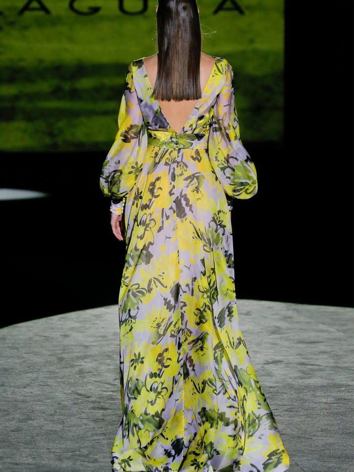 Hannibal laguna LOOK 8 FIORELI | Vestido satín estampado escote en pico y falda de capa Último día