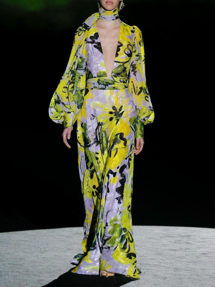 Hannibal laguna LOOK 10 FLOWERS | Vestido en gasa devoré estampada con escote en pico y falda evasé