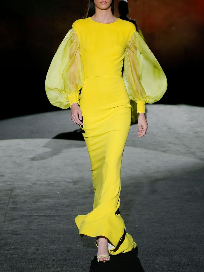 Hannibal laguna LOOK 15 FLUOR | Vestido de fiesta en crepe amarillo con falda sirena