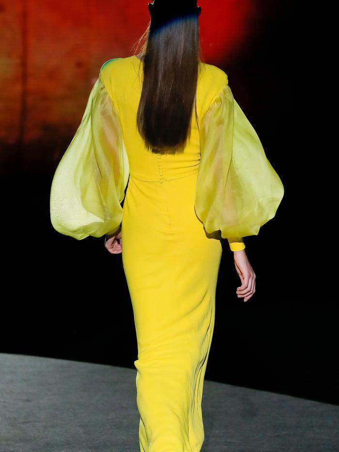 Hannibal laguna LOOK 15 FLUOR | Vestido de fiesta en crepe amarillo con falda sirena Superdescuento